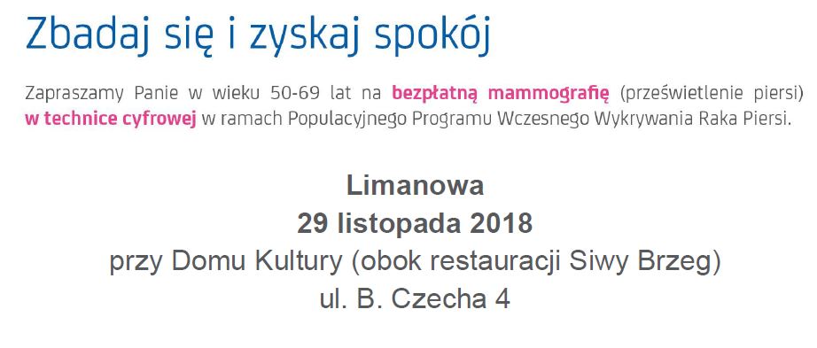 Bezpłatne badania mammograficzne dla kobiet w wieku 50-69 lat -  Limanowa, 29 listopada 2018 - zdjęcie główne